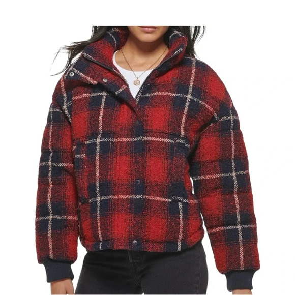 Levi's Cinch Waist Puffer Jacket Red and Navy Ombre Plaid Wool Blend, Size L - Picture 1 of 11